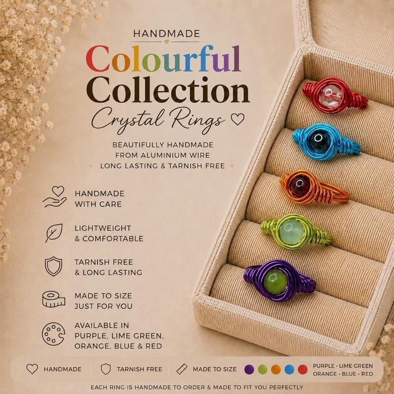 Colourful collection crystal wire wrapped rings