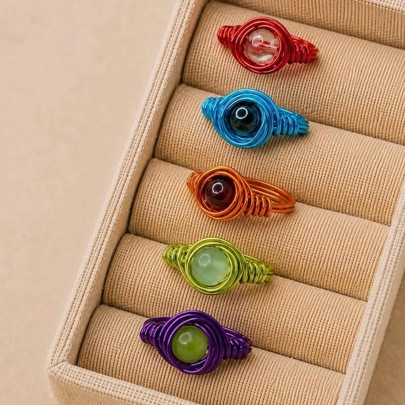 Colourful collection crystal wire wrapped rings